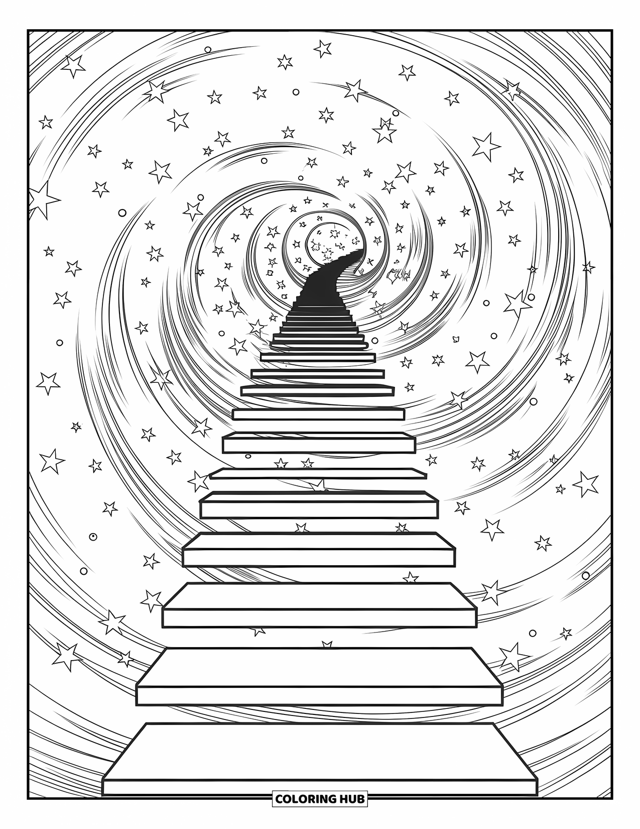 Aesthetic Trippy Coloring Page for Kids: A staircase rises into a swirling sky full of stars