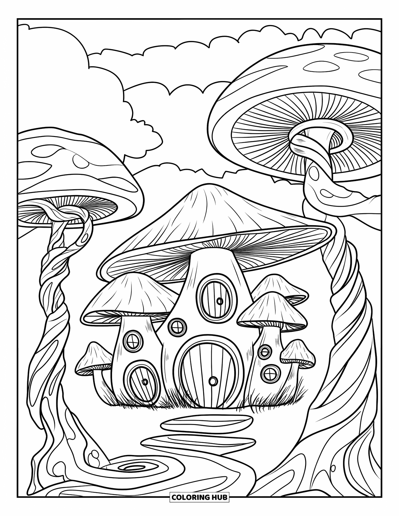 Aesthetic Trippy Coloring Page for Kids: A tall mushroom house surrounded by twisting, curling trees