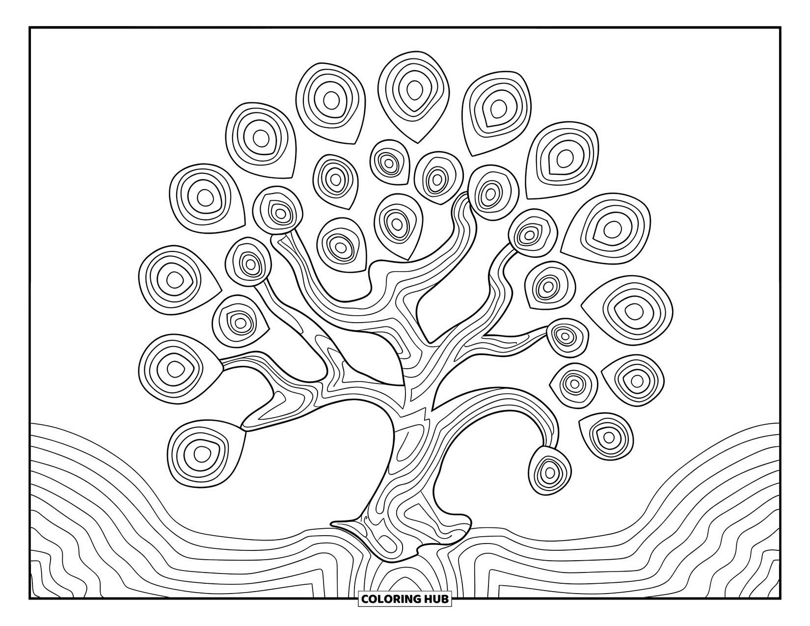 Aesthetic Trippy Coloring Page for Kids: A tree with swirling branches and big circular leaves