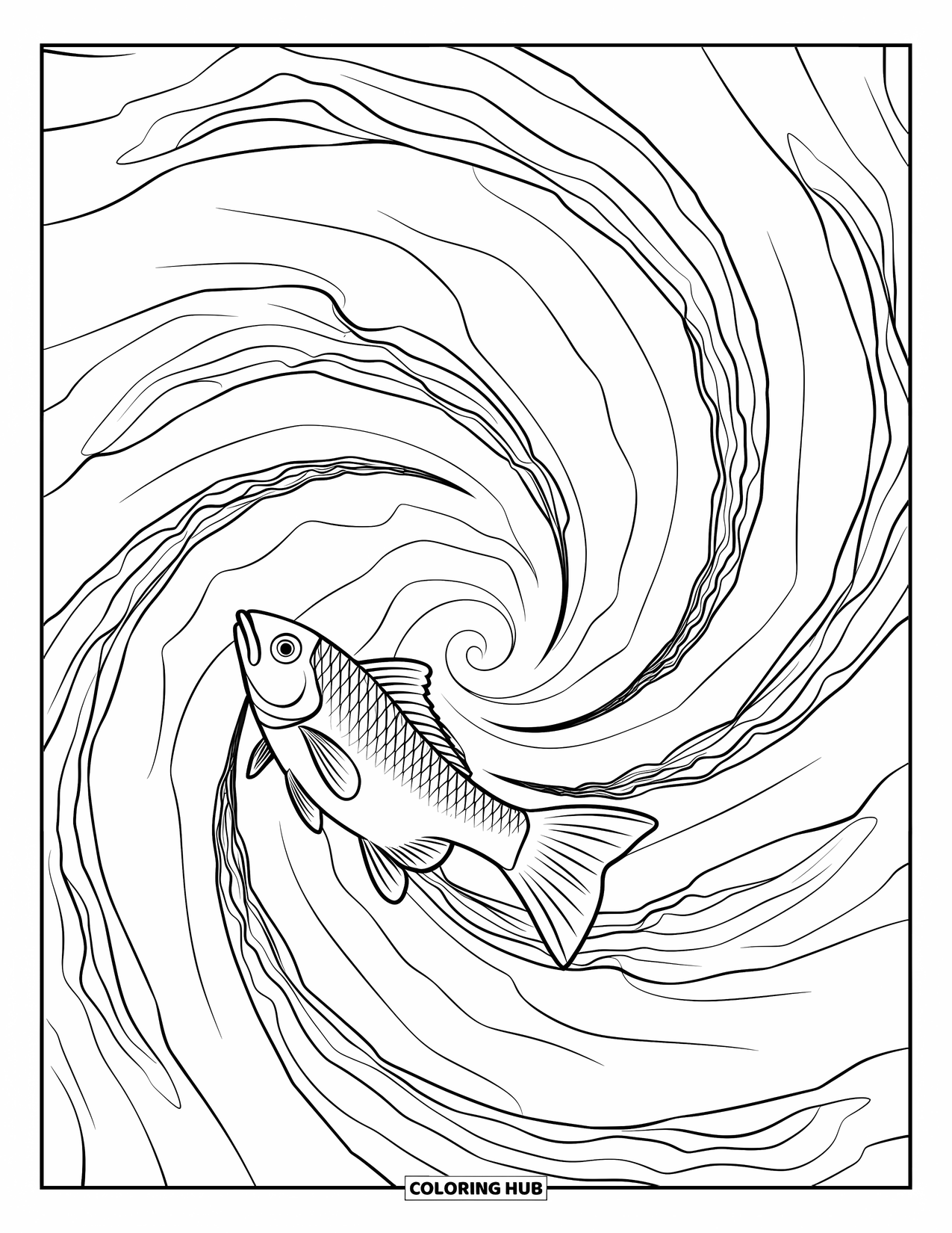 Aesthetic Trippy Coloring Page for Kids: A trippy fish swims among spirals and circular waves