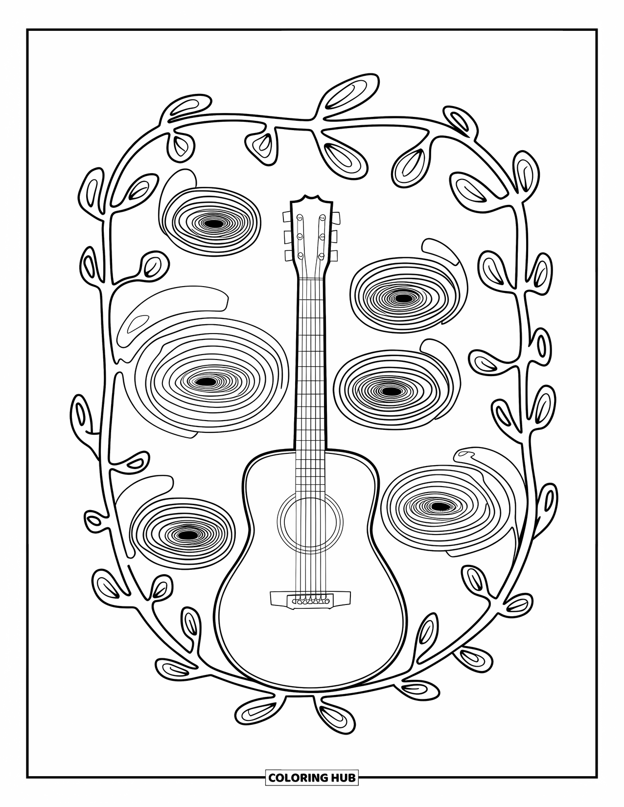 Aesthetic Trippy Coloring Page for Kids: A trippy guitar surrounded by swirling vines and echoing lines