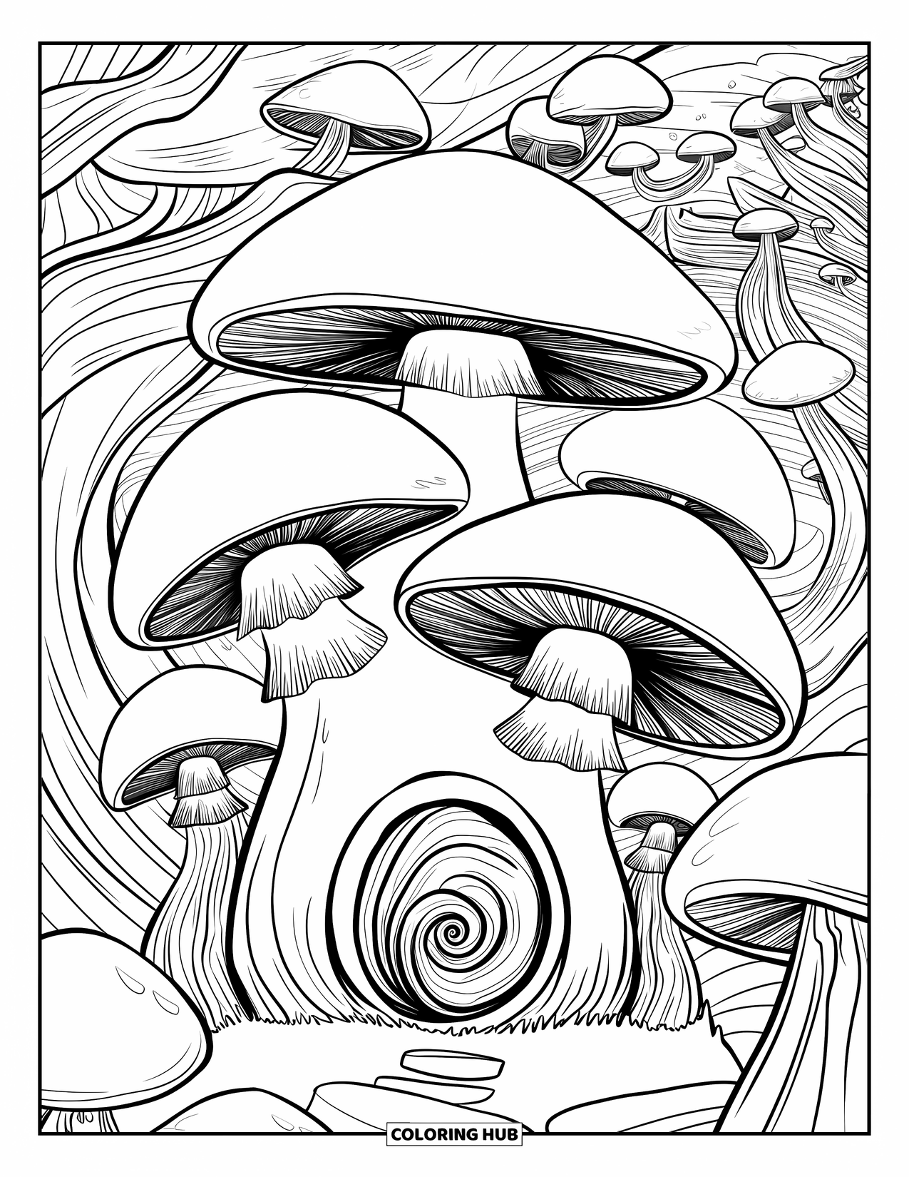 Aesthetic Trippy Coloring Page for Kids: A trippy mushroom house sits under looping, swirling branches