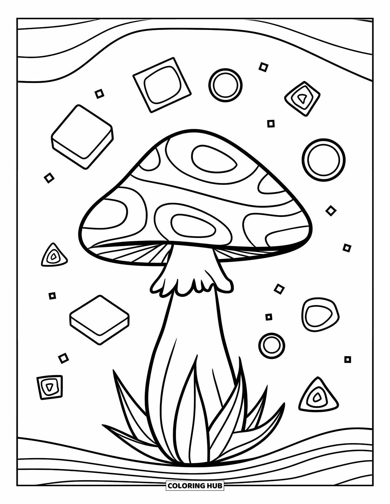 Aesthetic Trippy Coloring Page for Kids: A trippy mushroom with spiral patterns and floating stars