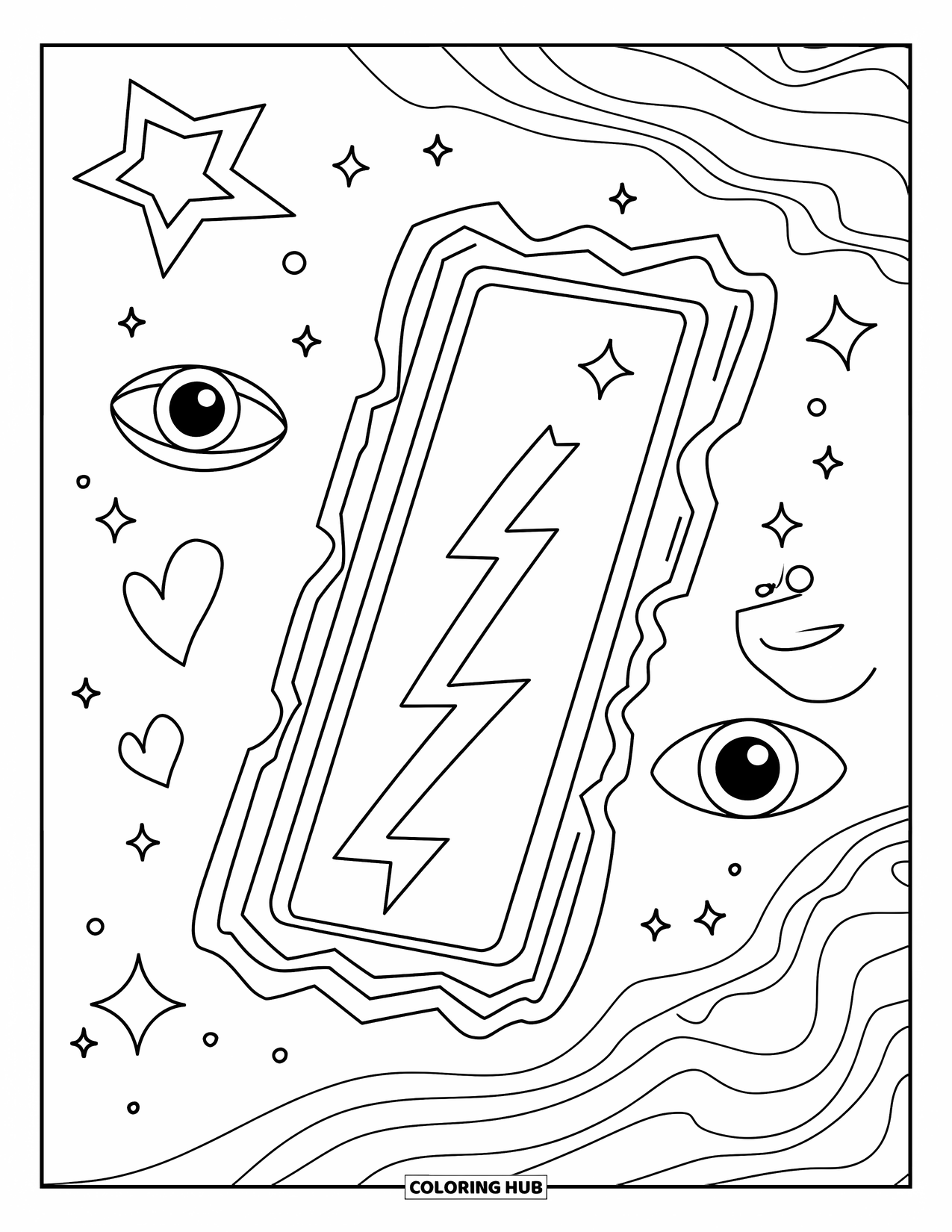 Aesthetic Trippy Coloring Page for Kids: A trippy portal surrounded by eyes, hearts, and swirls