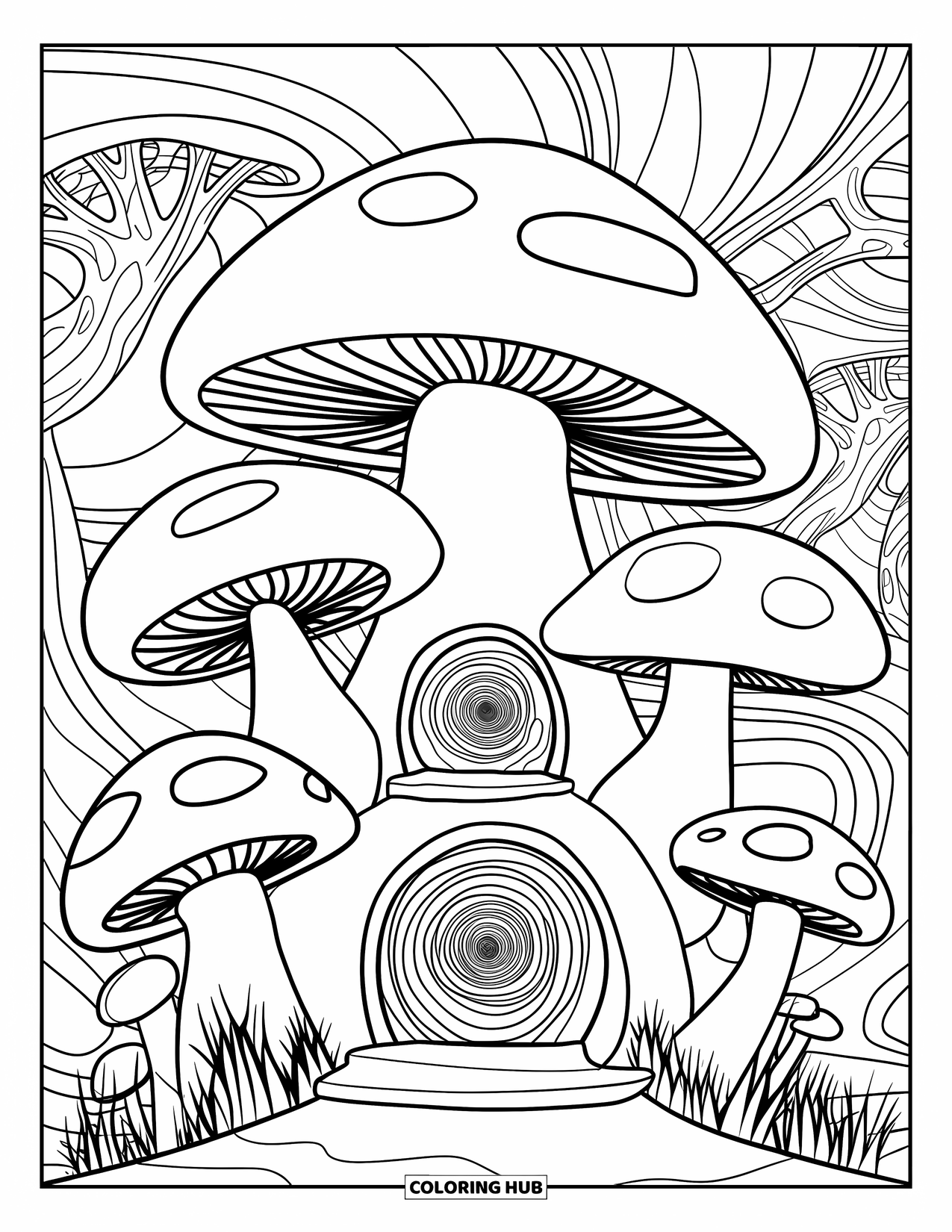 Aesthetic Trippy Coloring Page for Kids: A whimsical mushroom home with spiral doors and wavy trunks