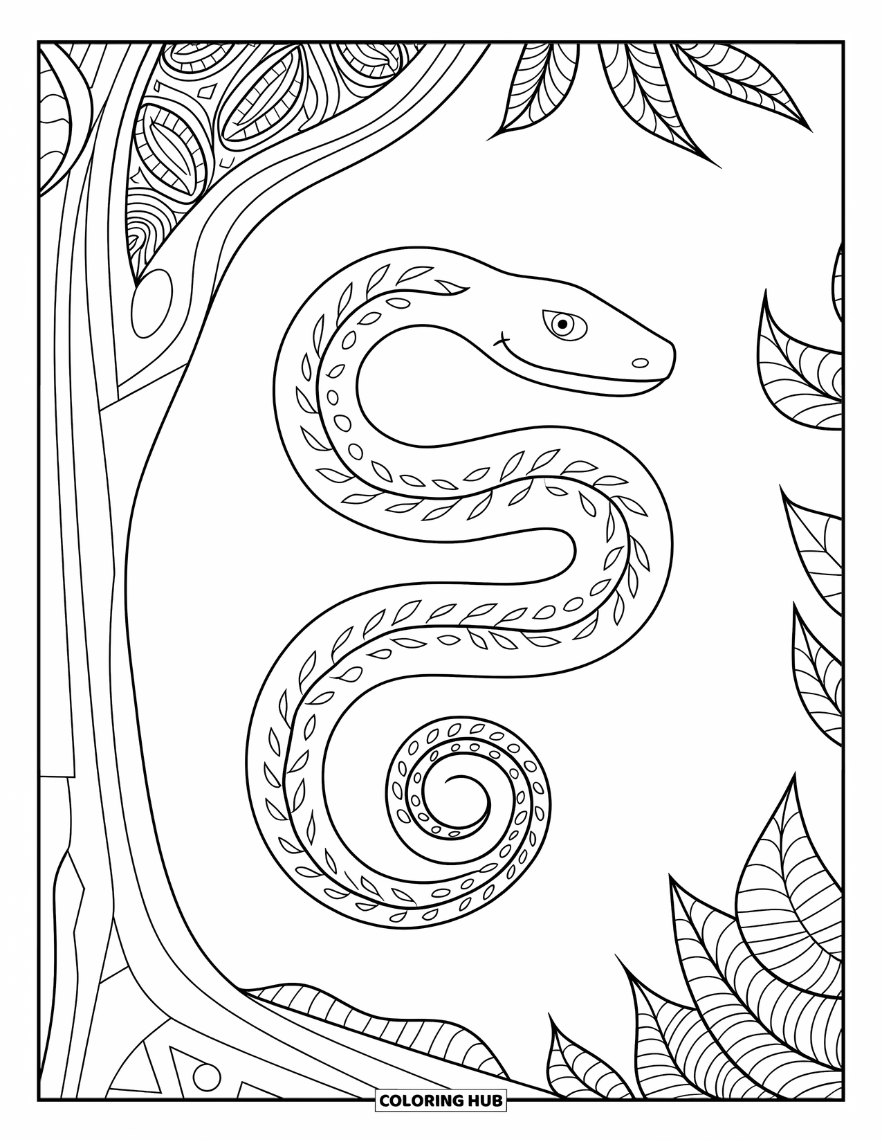 Anaconda Coloring Page for Adults: A spiral anaconda coils around a tree amid detailed patterns