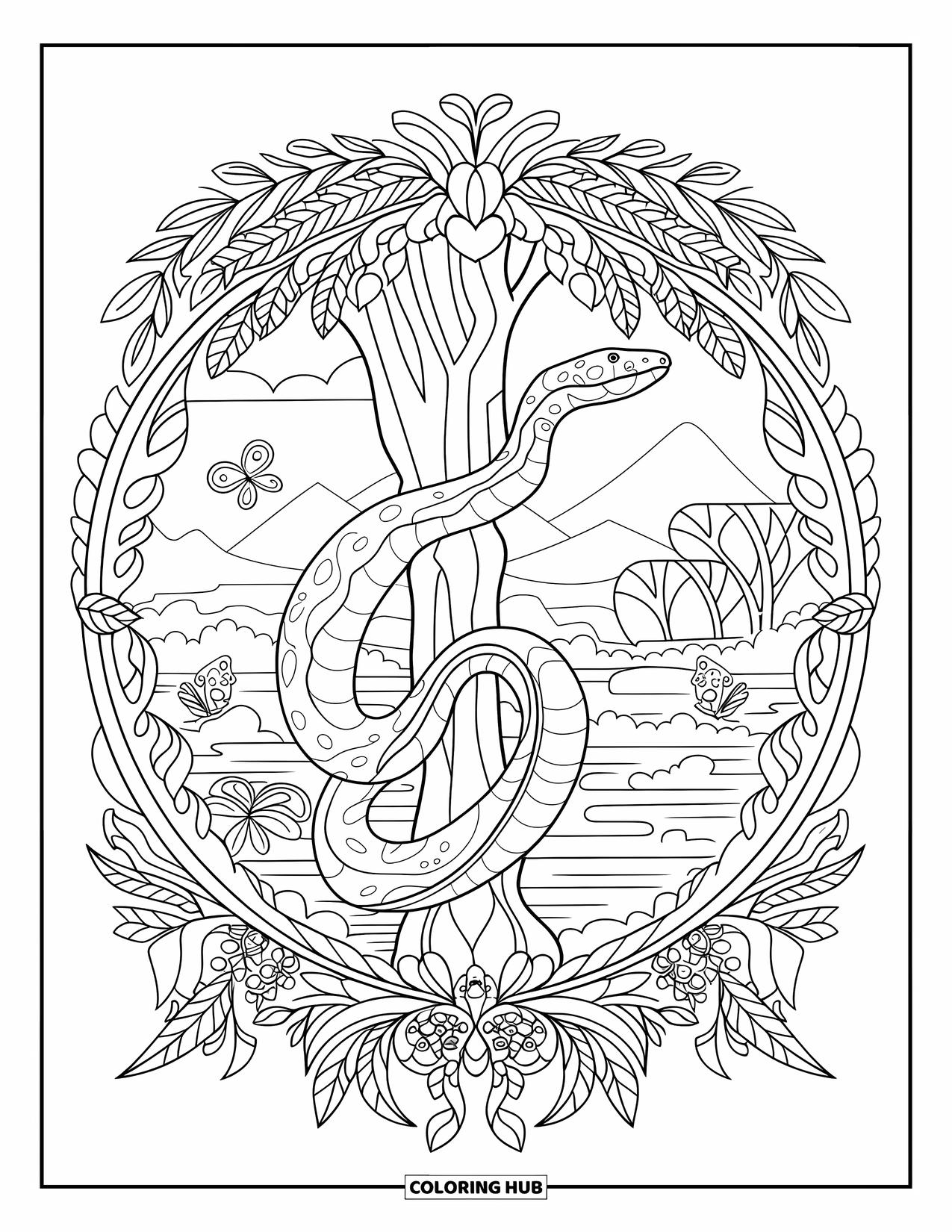 Anaconda Coloring Page for Adults: An anaconda coils around a tree framed by floral rainforest borders