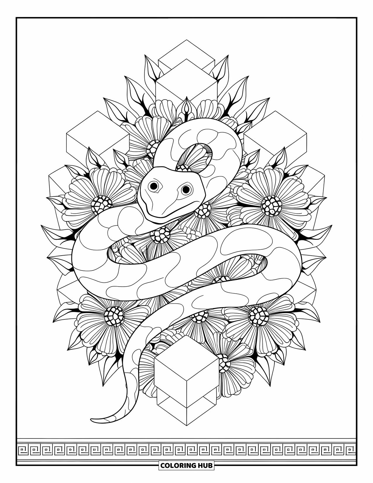 Anaconda Coloring Page for Adults: An anaconda winds through patterned flowers and geometric shapes