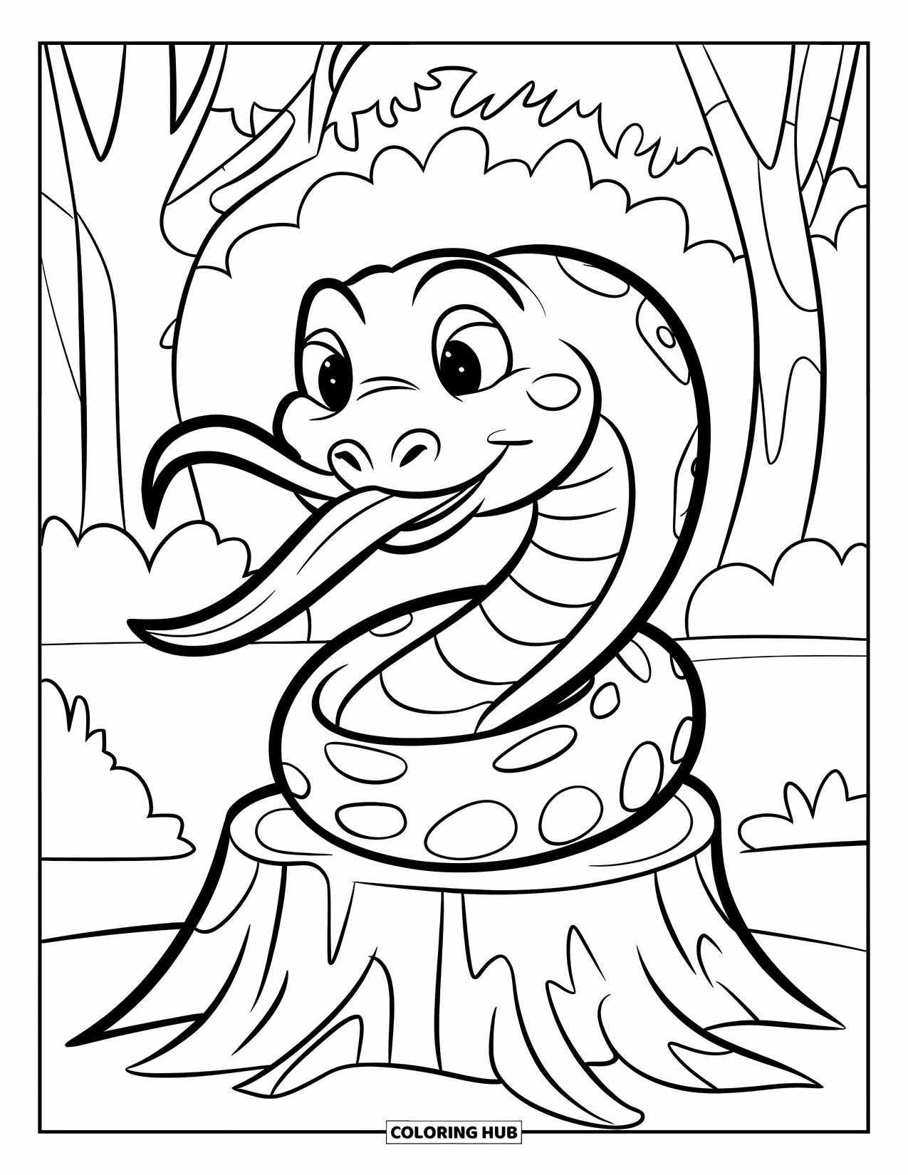 Anaconda Coloring Page for Kids: A happy anaconda flicks its tongue while wrapping a tree stump