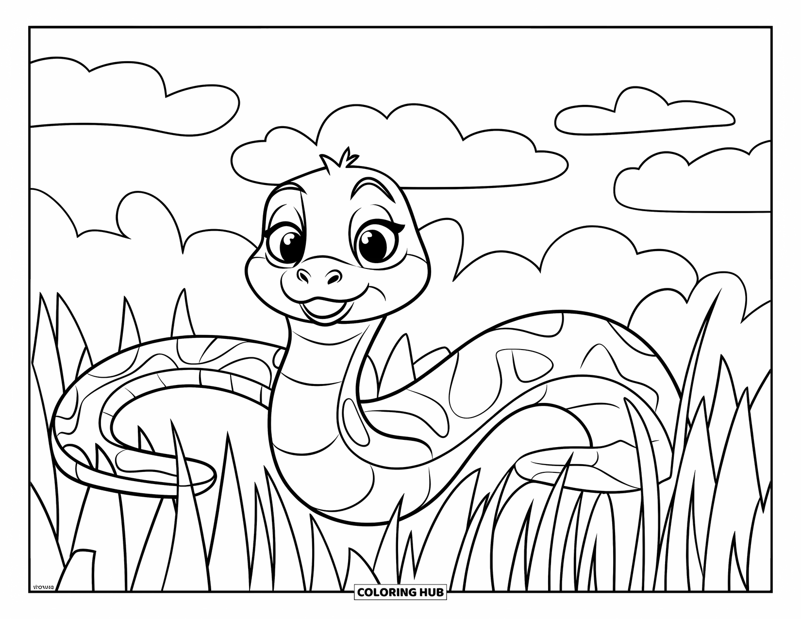 Anaconda Coloring Page for Kids: A happy anaconda moves through tall grass under soft clouds
