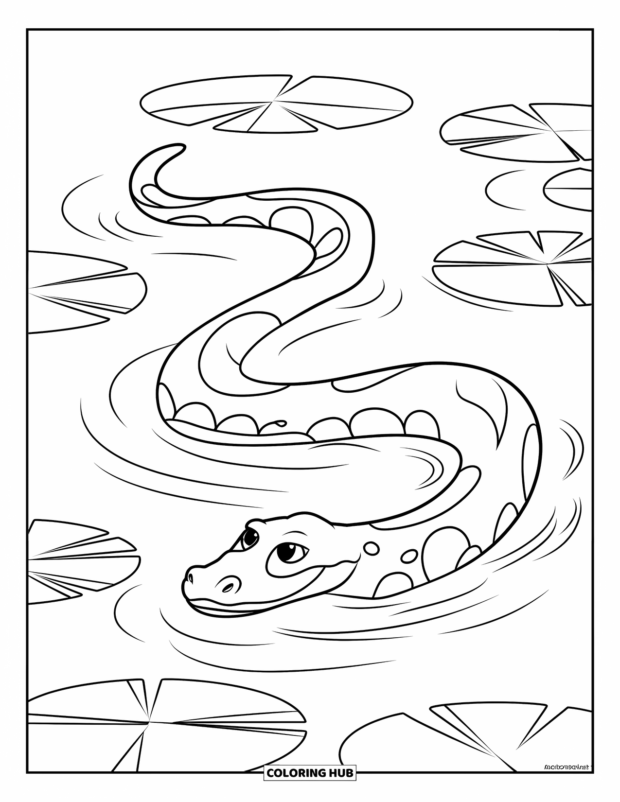 Anaconda Coloring Page for Kids: An anaconda glides through shallow water with lily pads