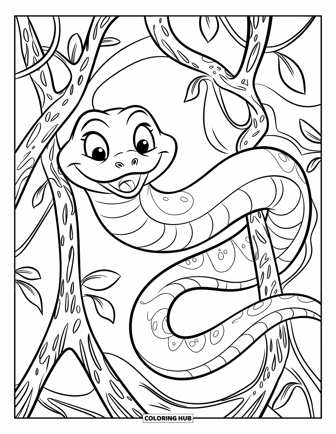 Anaconda Coloring Page for Kids: An anaconda with closed eyes curls among tangled roots