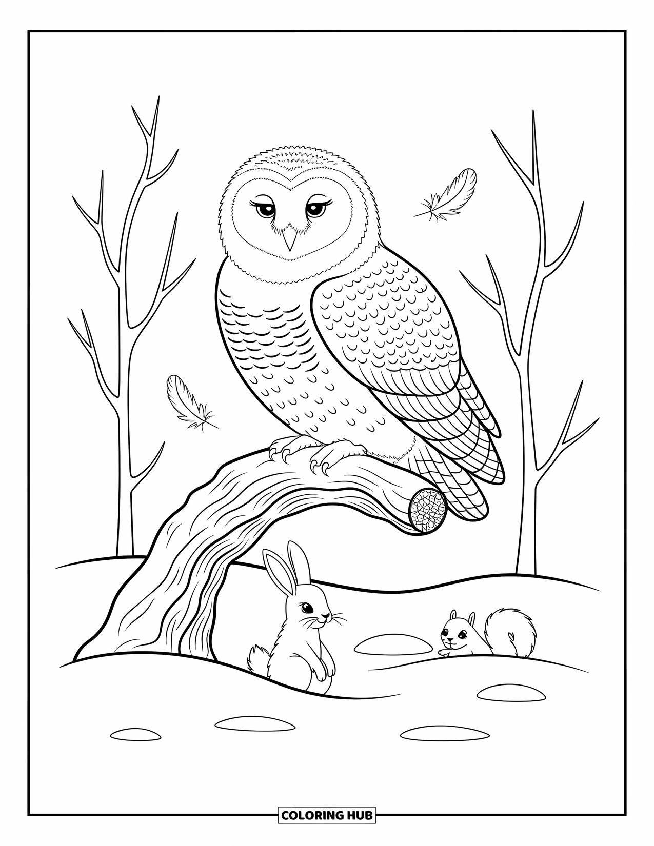 Arctic Animals Coloring Page for Adults: A curious owl perches on wood while tiny creatures hide nearby