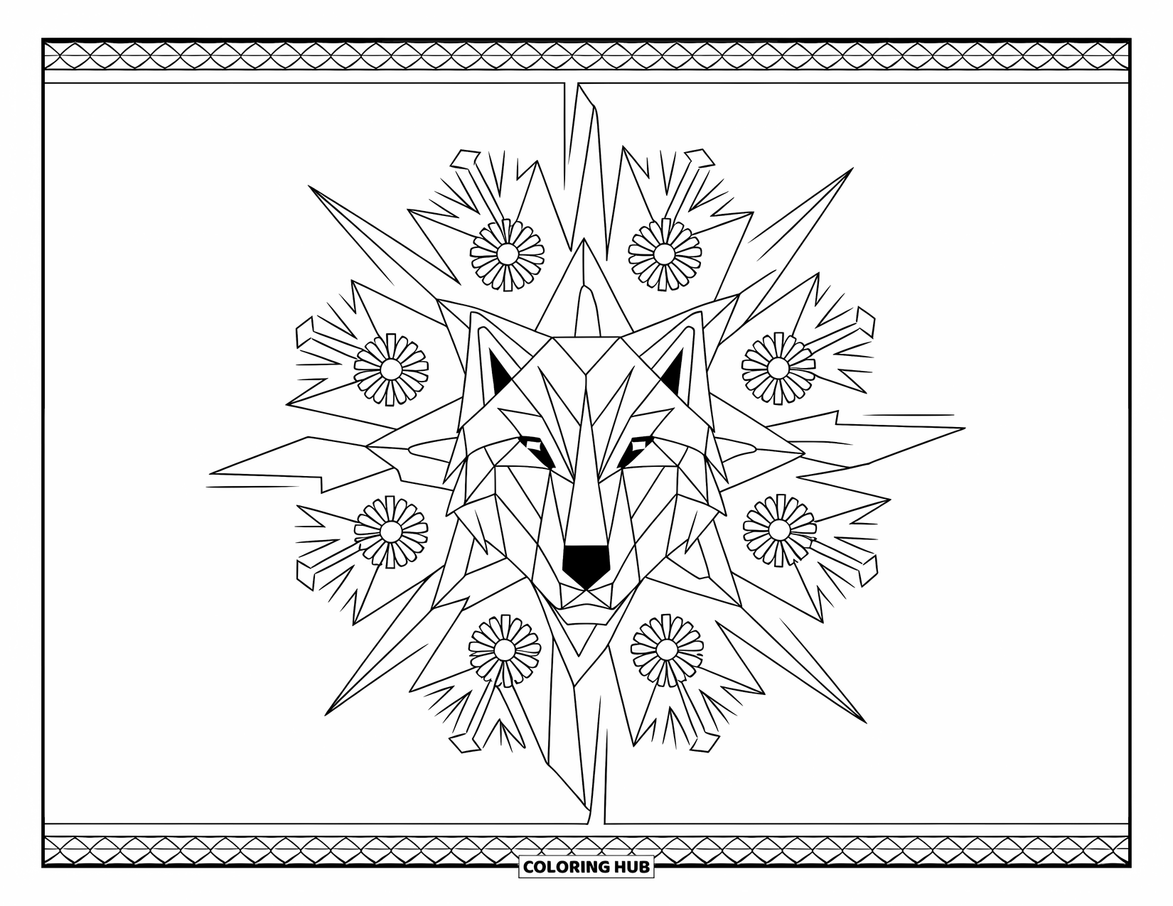 Arctic Animals Coloring Page for Adults: A howling arctic wolf face sits at the center of a mandala of ice shards and flowers