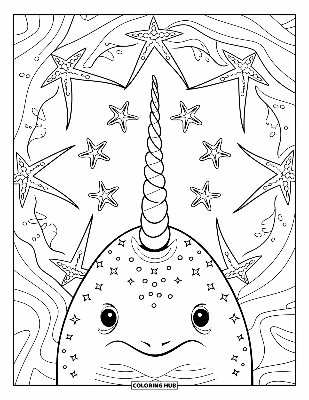Arctic Animals Coloring Page for Adults: A narwhal face with spiraled tusk inside a sea-star mandala