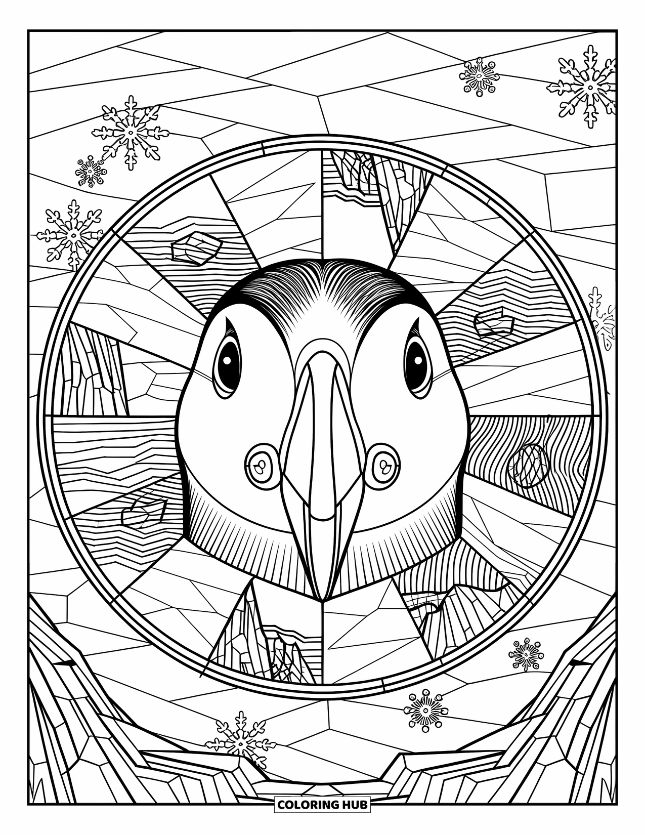 Arctic Animals Coloring Page for Adults: A puffin face surrounded by a stained-glass ring of cold wind patterns