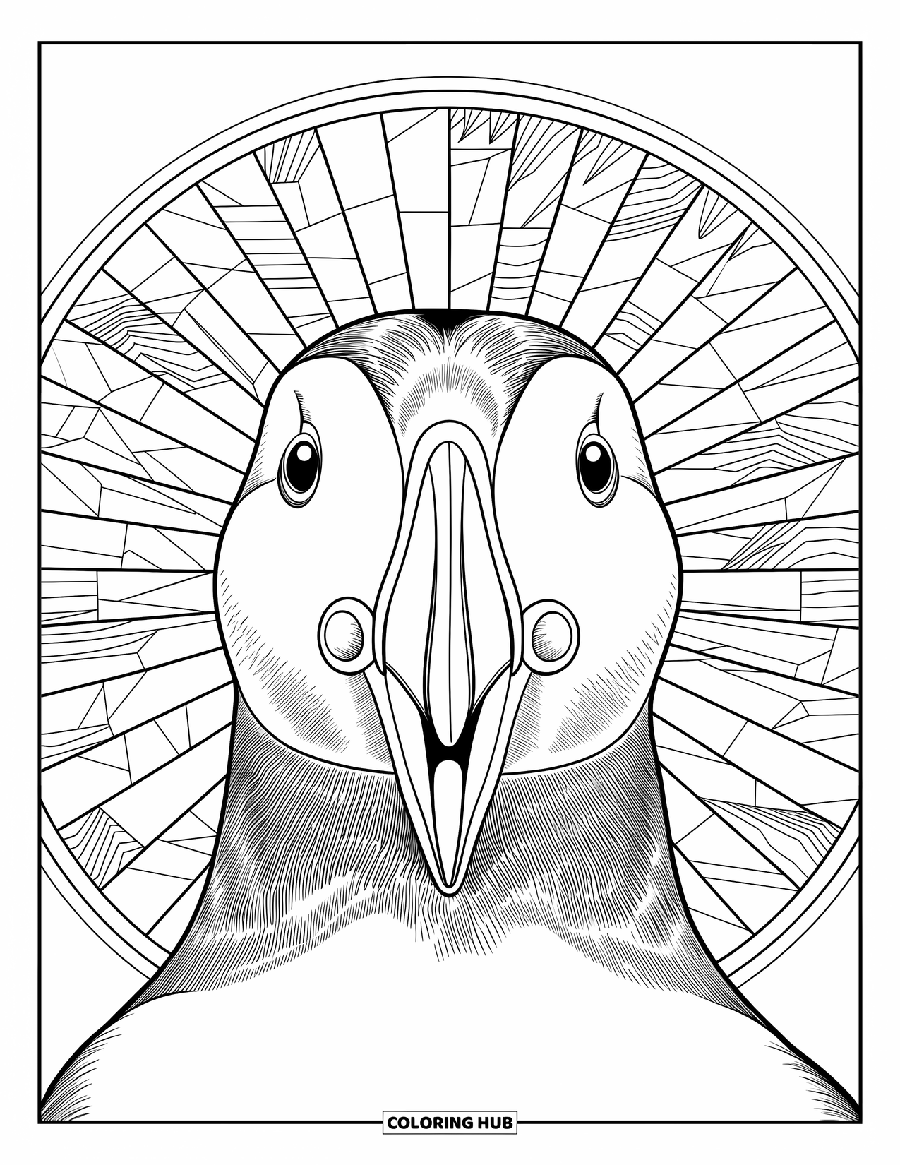 Arctic Animals Coloring Page for Adults: A puffin with open beak centered in a circular icy window