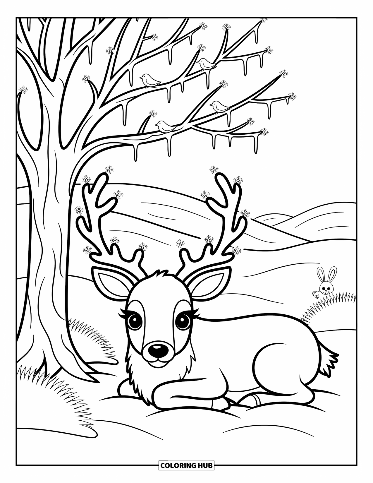 Arctic Animals Coloring Page for Adults: A reindeer rests beneath a snowy tree adorned with tiny birds