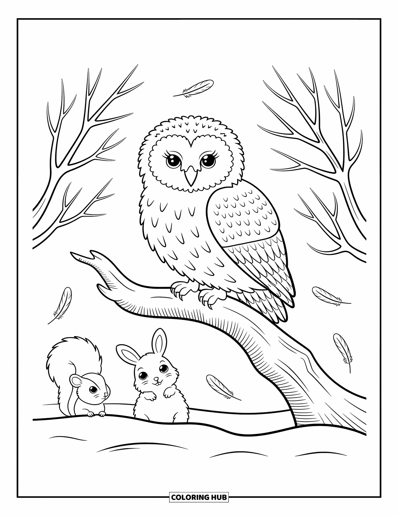 Arctic Animals Coloring Page for Adults: A snowy owl rests as small animals peek from snowy drifts