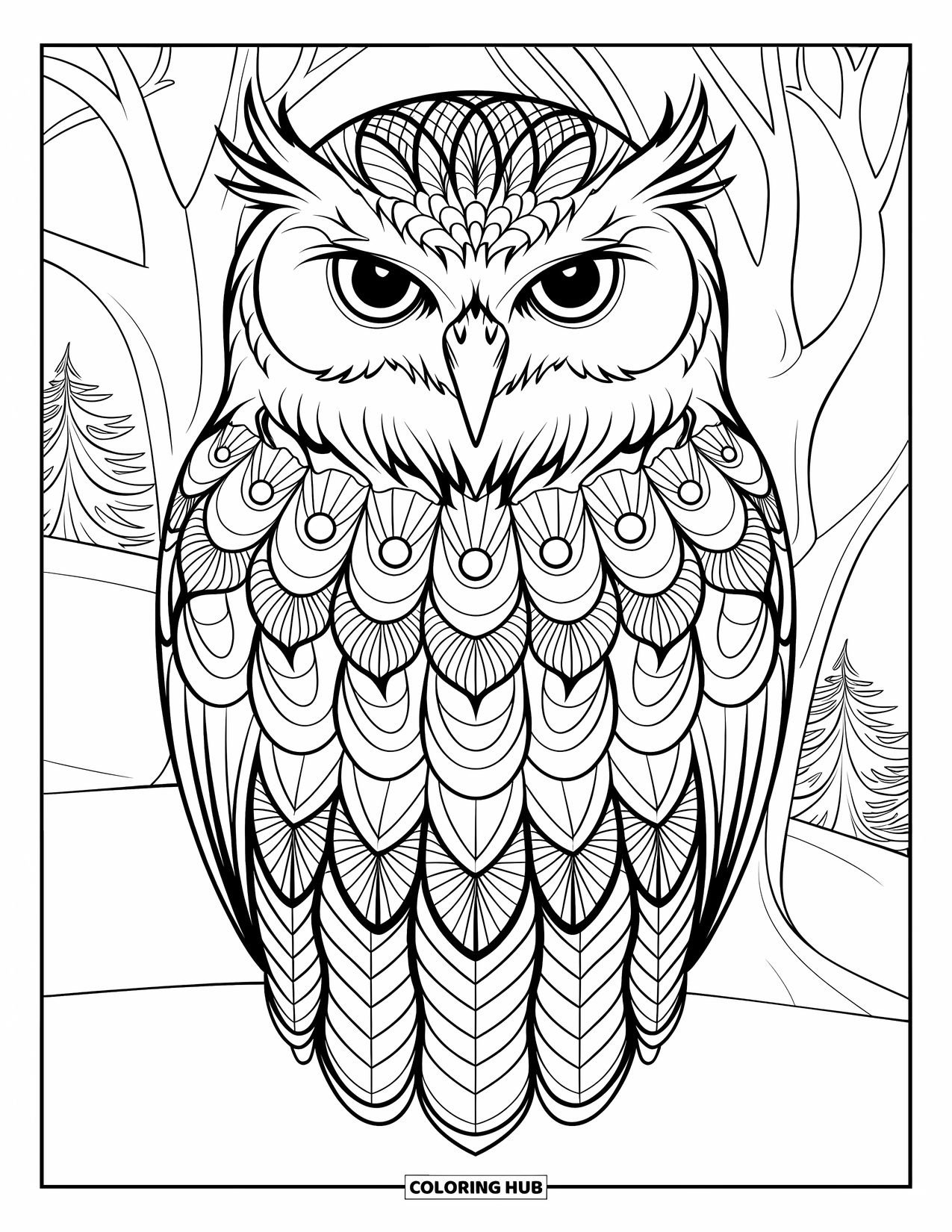Arctic Animals Coloring Page for Adults: A snowy owl's face within a circle of frozen feathers and moon arcs