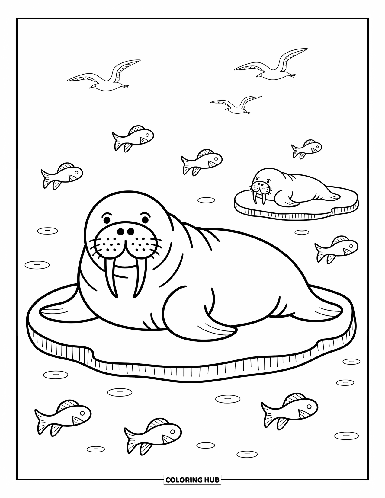 Arctic Animals Coloring Page for Adults: A walrus relaxes on an ice floe surrounded by leaping fish
