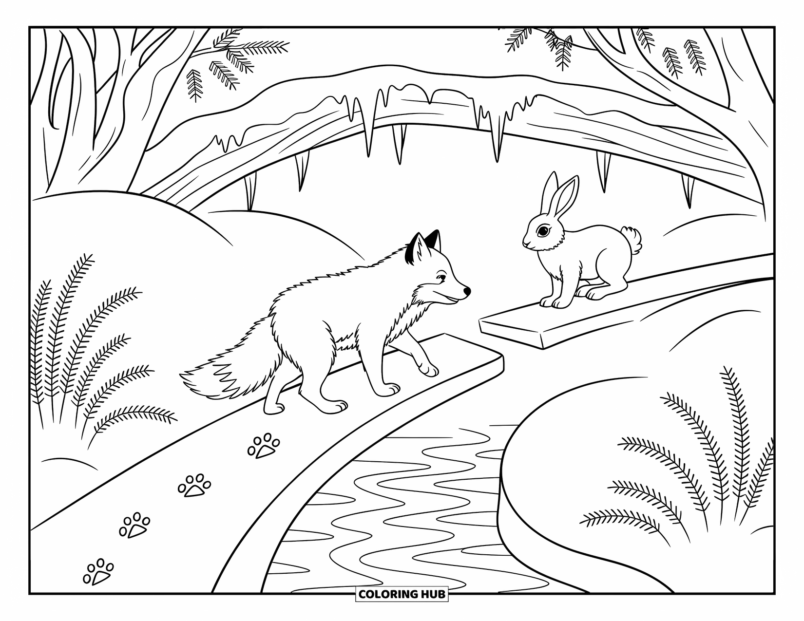 Arctic Animals Coloring Page for Adults: An arctic fox and hare pause together on a snowy split path