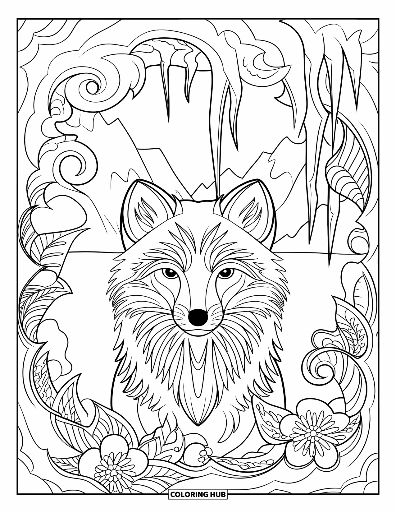 Arctic Animals Coloring Page for Adults: An arctic fox framed by circular frost and snow blossom designs