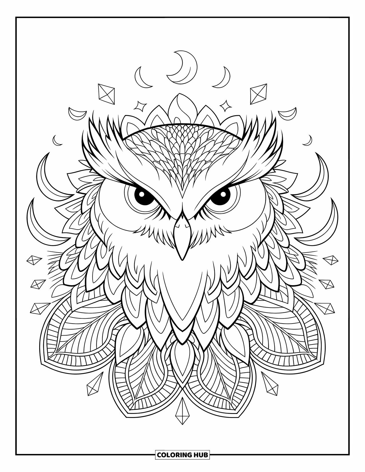 Arctic Animals Coloring Page for Adults: An owl's intense eyes centered in layered arctic mandala feathers