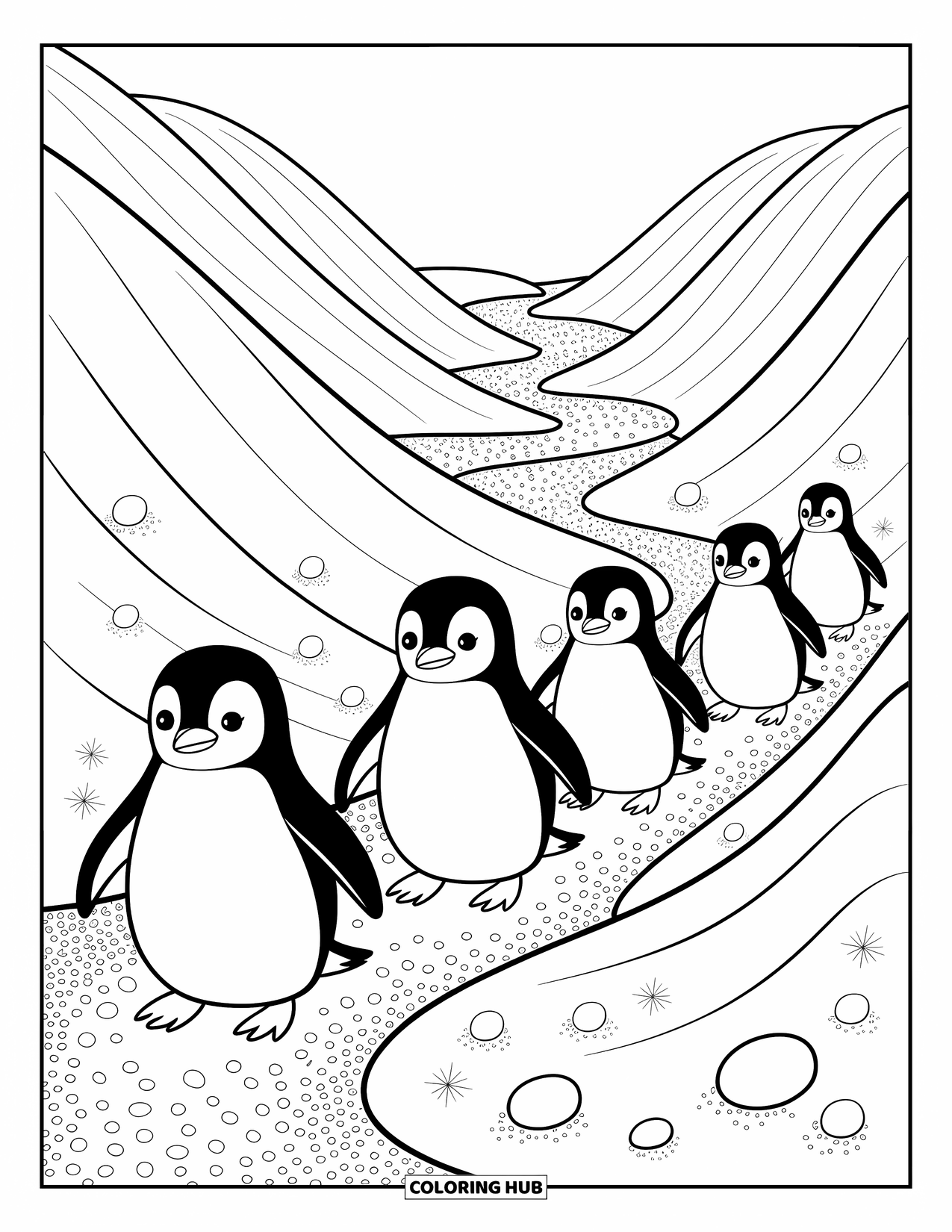 Arctic Animals Coloring Page for Adults: Four penguins waddle in a line through a snowy mountain valley