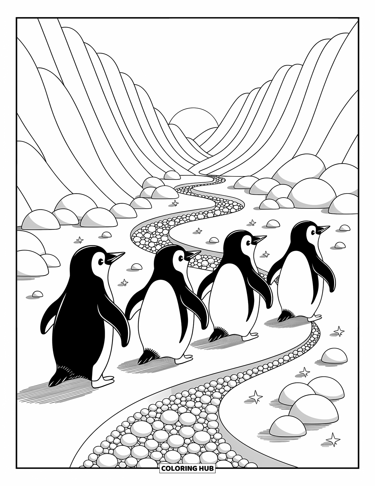 Arctic Animals Coloring Page for Adults: Penguins waddle together through a sunlit, snow-covered valley