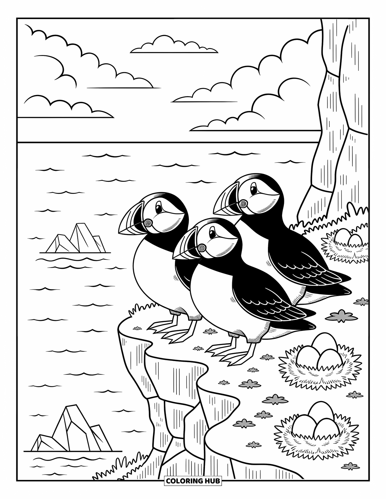 Arctic Animals Coloring Page for Adults: Three puffins cuddle together on a mossy cliff by the ocean