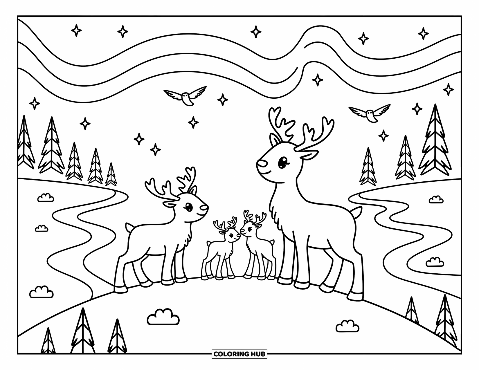 Arctic Animals Coloring Page for Adults: Three reindeer look up at twinkling stars over snowy ridges