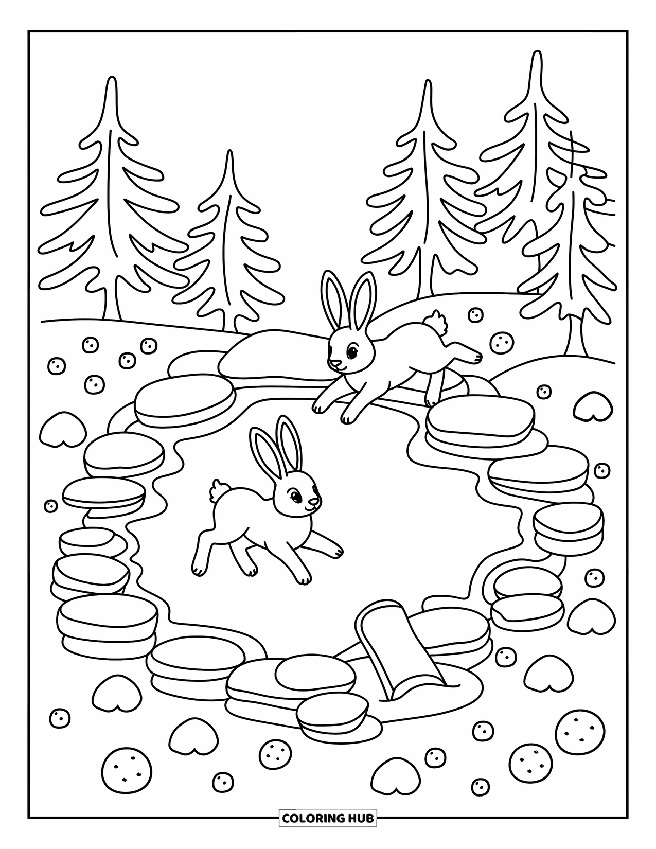 Arctic Animals Coloring Page for Adults: Two arctic hares leap joyfully beside pine trees and snowy rocks