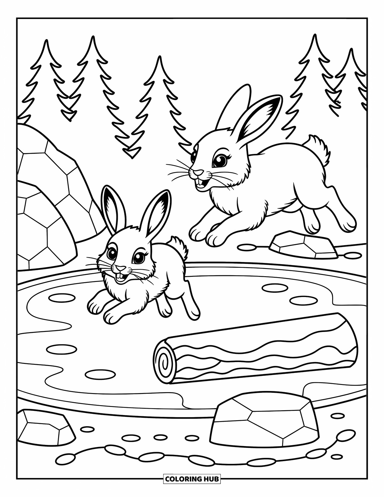 Arctic Animals Coloring Page for Adults: Two playful hares chase each other around a frozen pond