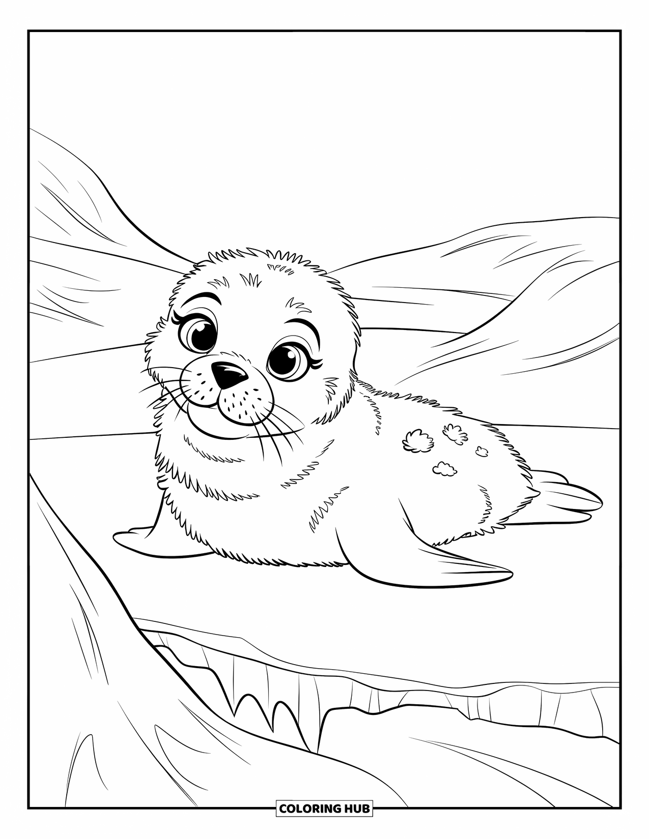 Arctic Animals Coloring Page for Kids: A baby harp seal lies on flat snow beside a small icy hill