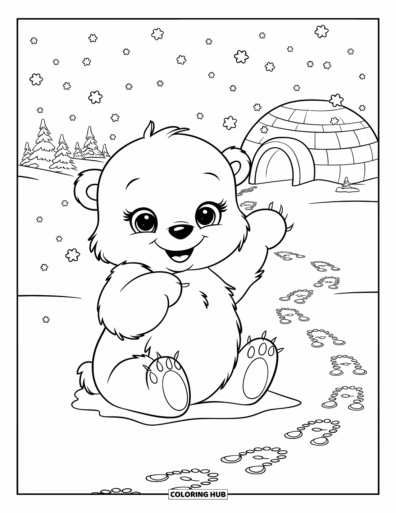 Arctic Animals Coloring Page for Kids: A baby polar bear reaches up to catch falling snowflakes