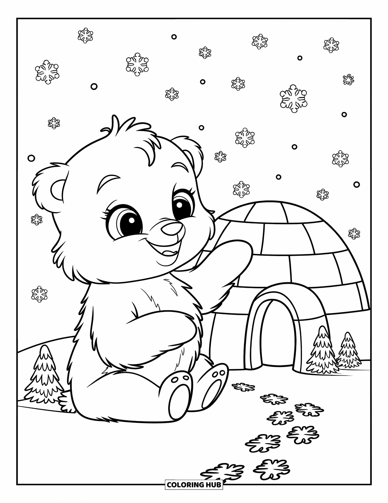 Arctic Animals Coloring Page for Kids: A baby polar bear stretches its paws toward the sky