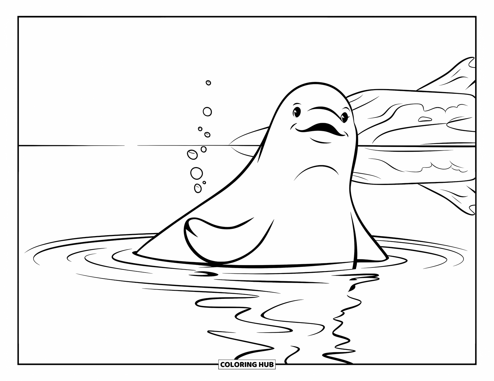 Arctic Animals Coloring Page for Kids: A beluga whale rises with a bubble in frozen seas