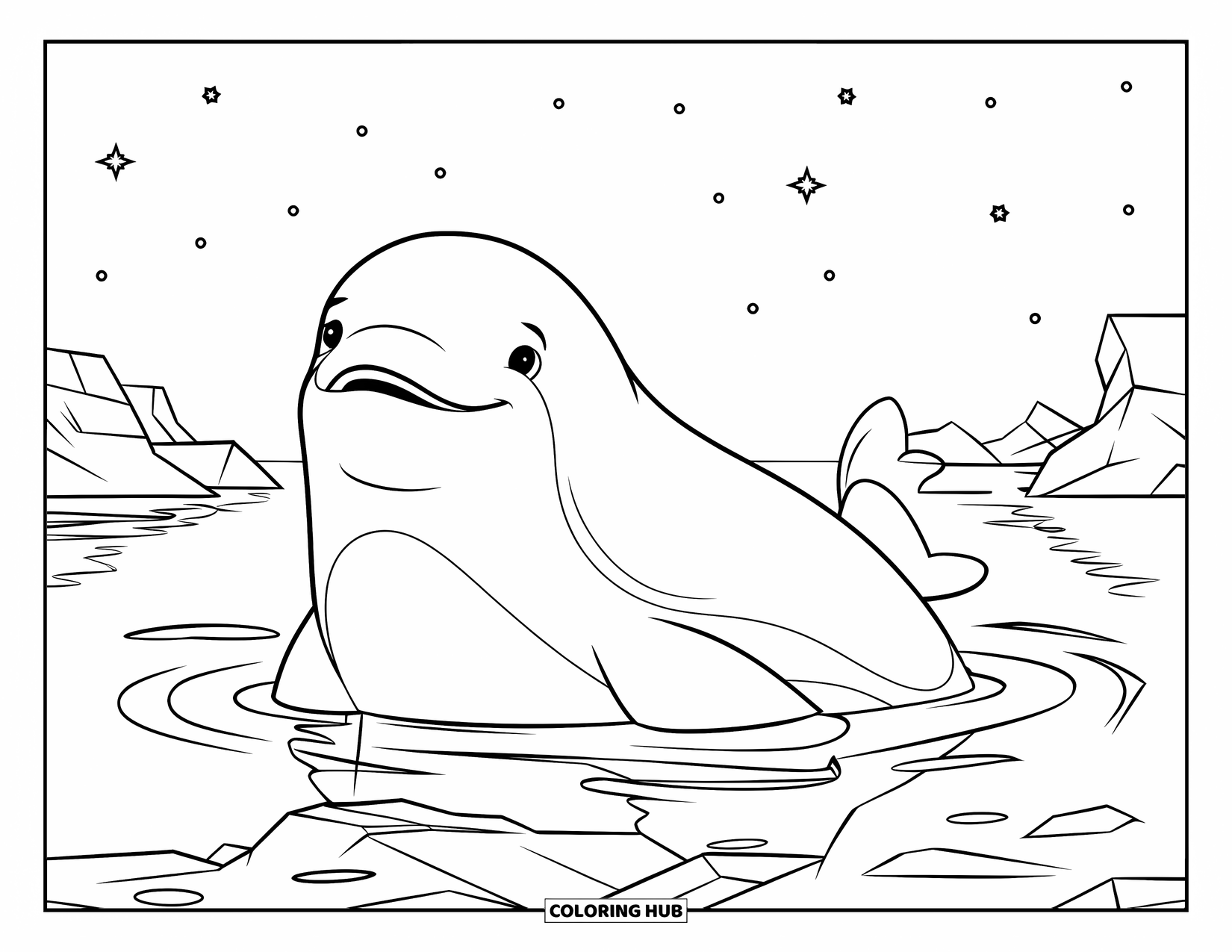 Arctic Animals Coloring Page for Kids: A beluga whale surfaces gently through calm icy water