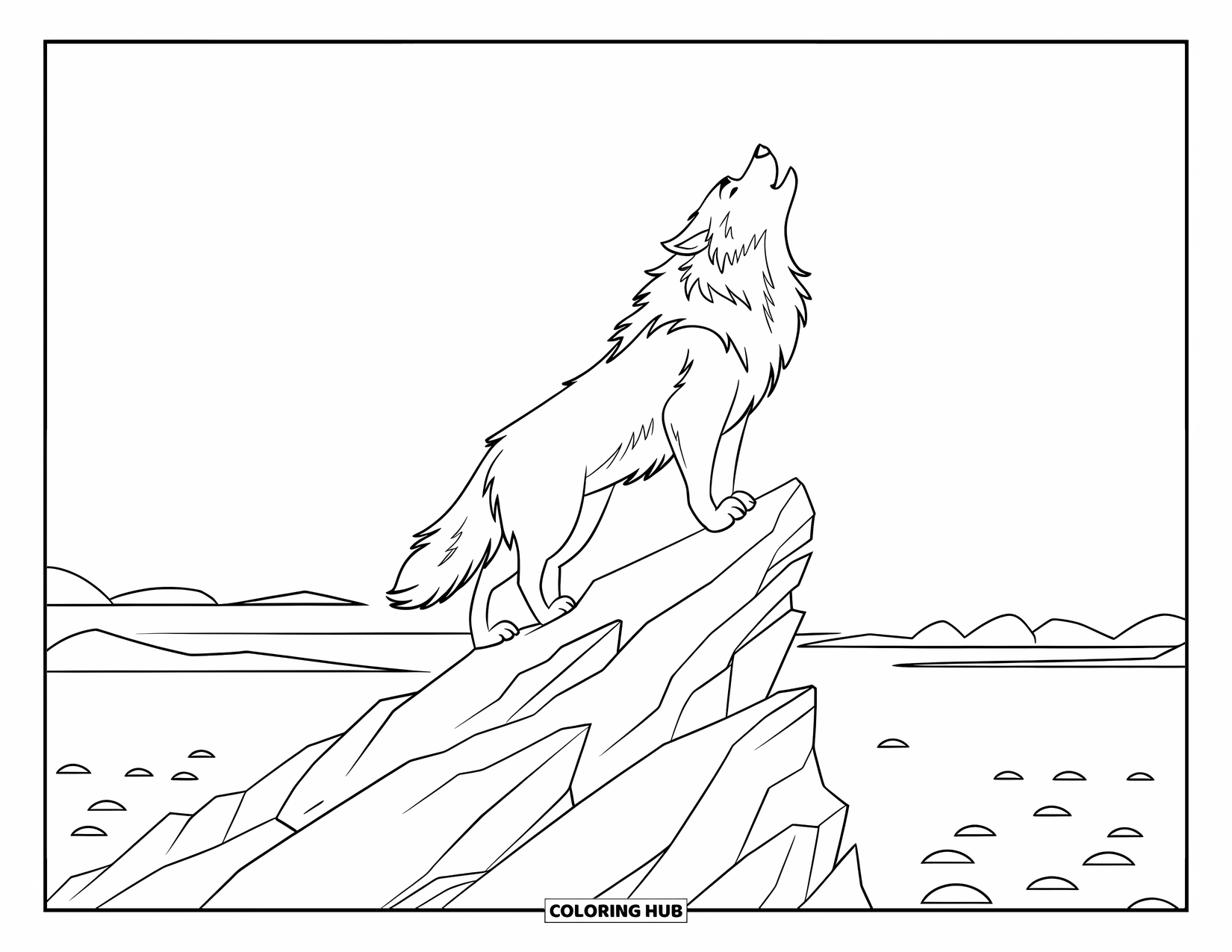 Arctic Animals Coloring Page for Kids: A fluffy arctic wolf howls over vast frozen plains
