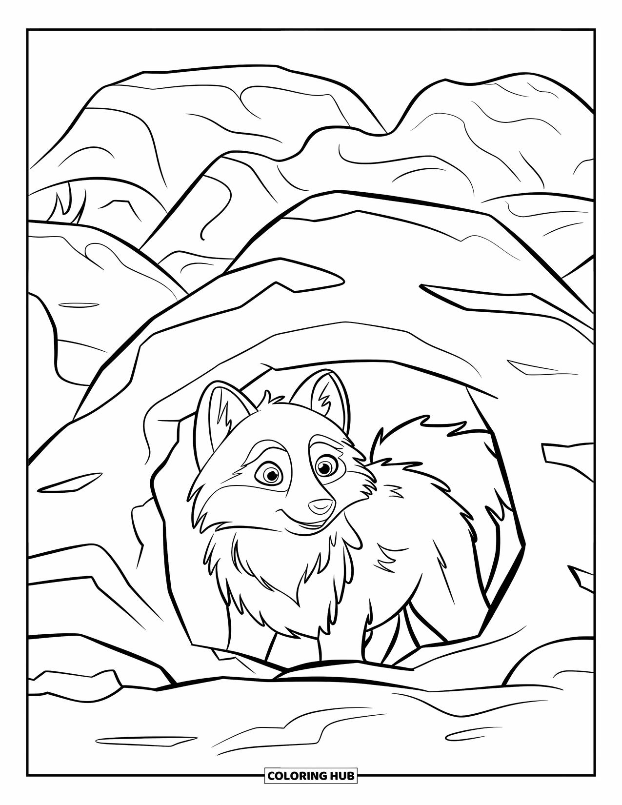 Arctic Animals Coloring Page for Kids: A fox pops its head from snow surrounded by icy mounds