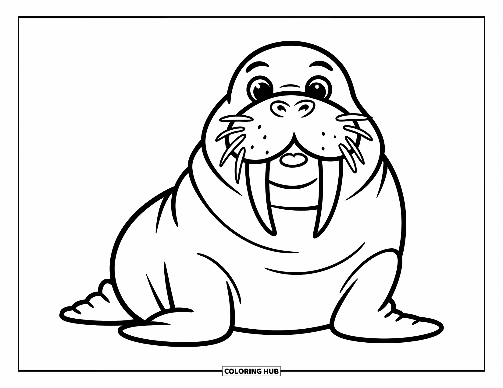 Arctic Animals Coloring Page for Kids: A friendly walrus sits proudly on Arctic ice