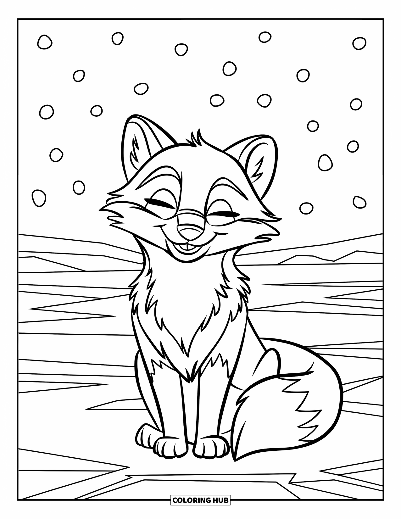 Arctic Animals Coloring Page for Kids: A happy arctic fox curls up as snowflakes drift around