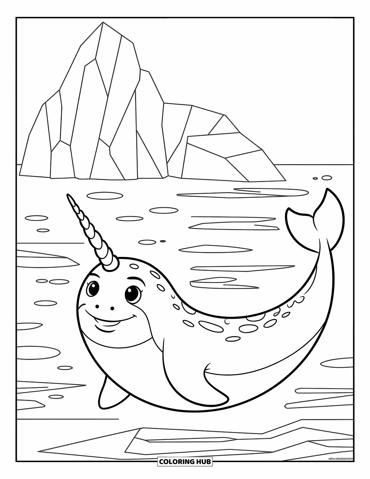 Arctic Animals Coloring Page for Kids: A happy narwhal glides through icy water beneath a berg