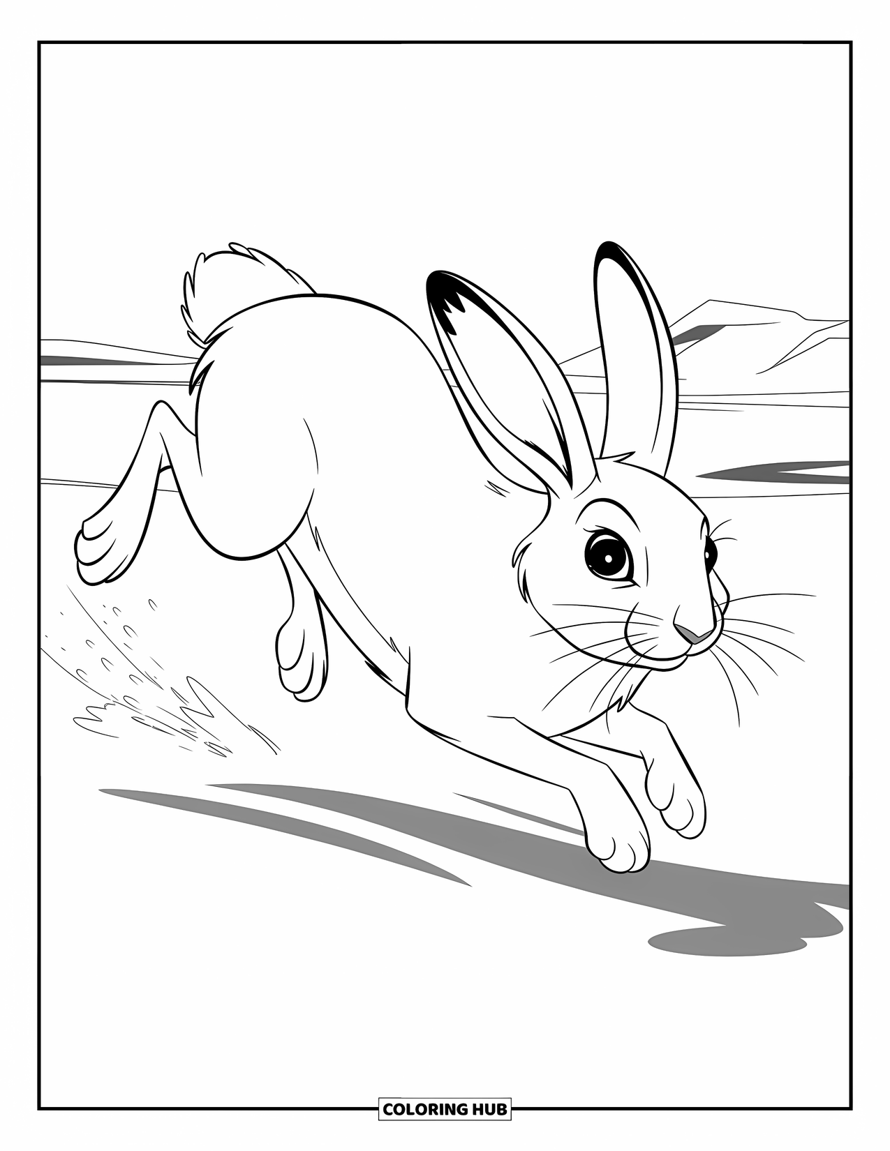 Arctic Animals Coloring Page for Kids: A hare bounds through open snow beneath clear skies