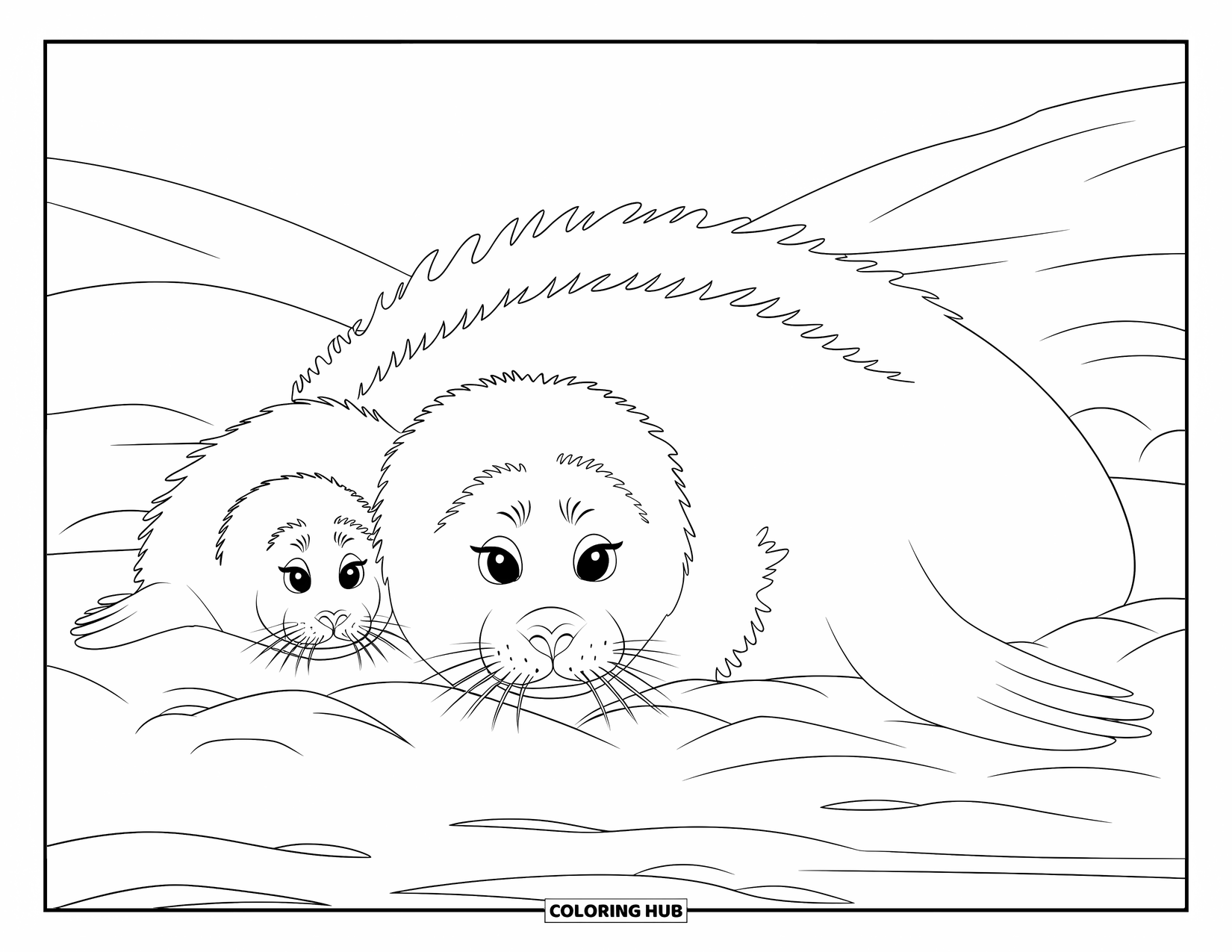 Arctic Animals Coloring Page for Kids: A harp seal and pup rest peacefully on icy hills