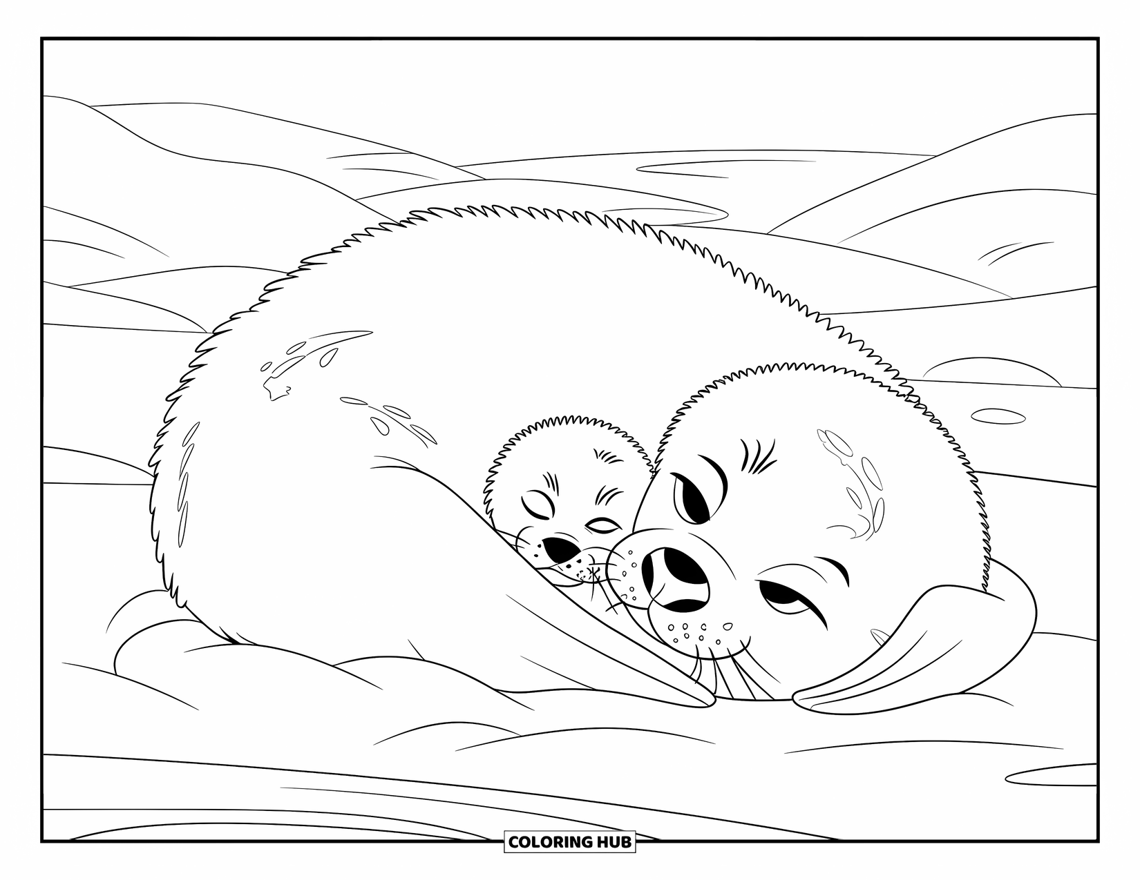 Arctic Animals Coloring Page for Kids: A mother and baby harp seal rest close under calm skies
