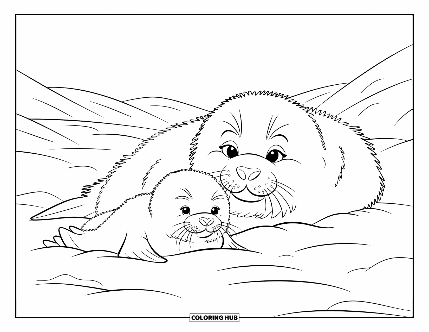 Arctic Animals Coloring Page for Kids: A mother seal and her baby nap on snow-dusted hills