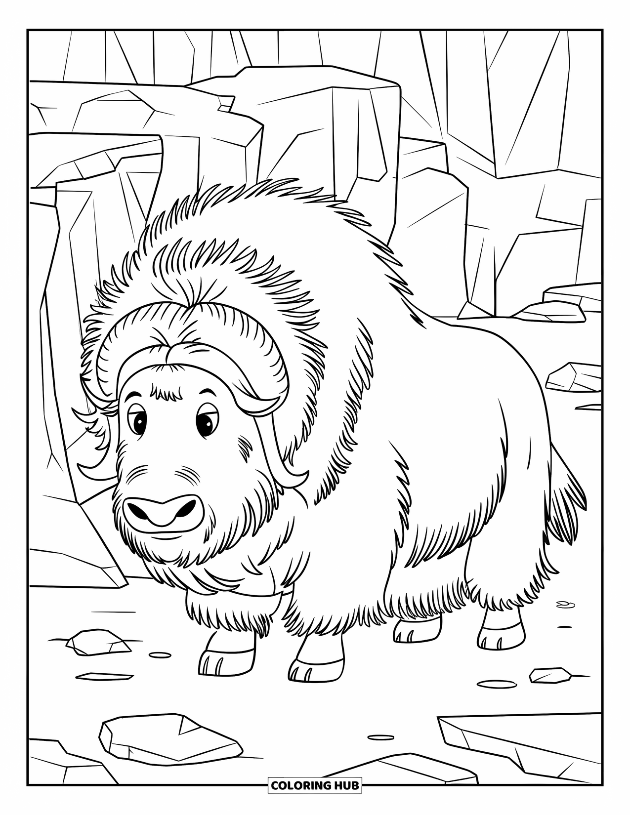 Arctic Animals Coloring Page for Kids: A musk ox stands firm as wind whips through its fur