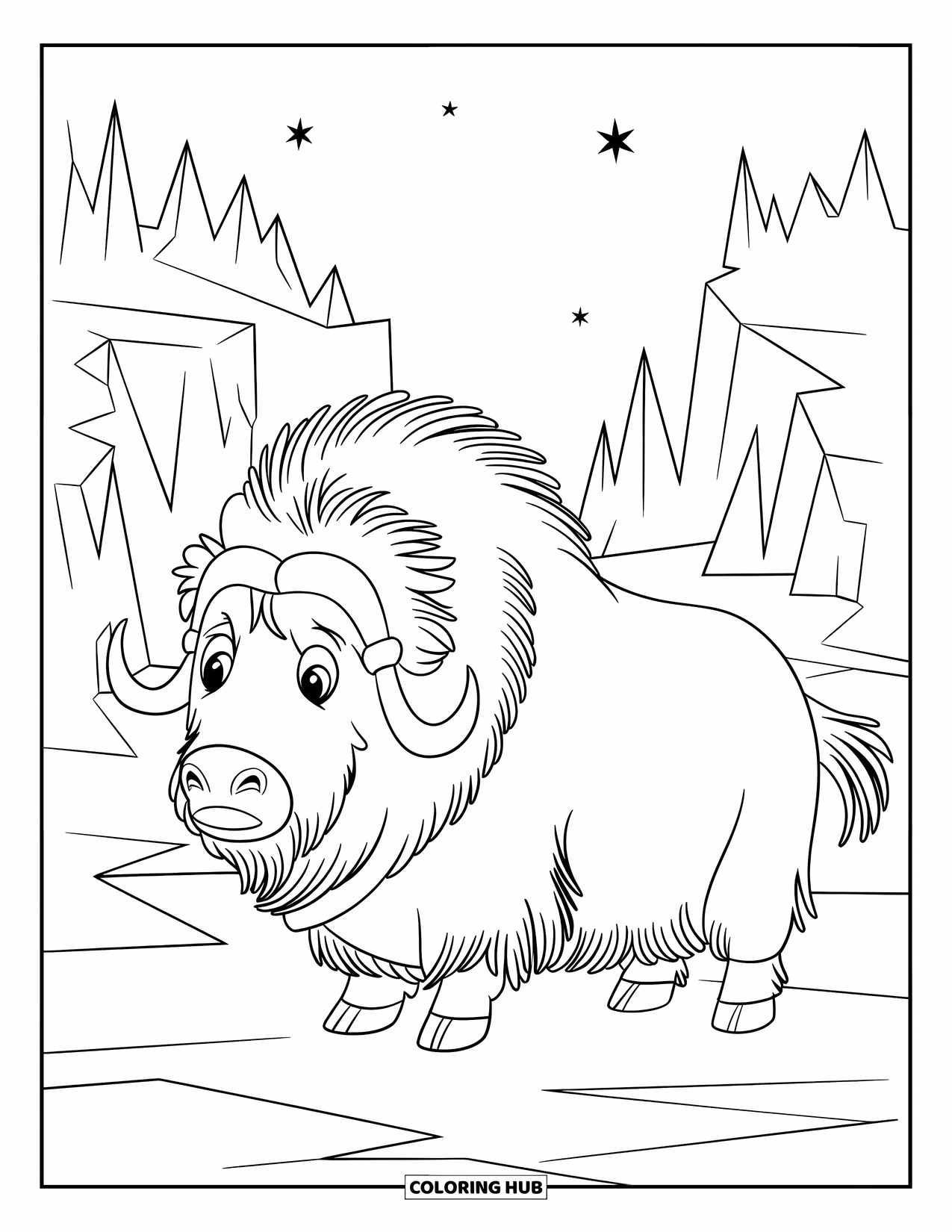 Arctic Animals Coloring Page for Kids: A musk ox with curved horns braves the cold breeze